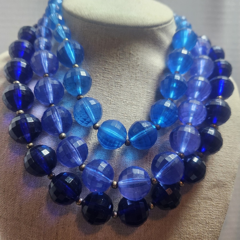Vintage Triple Strand Blue Faceted Bead Bib Statement Necklace Gold Tone